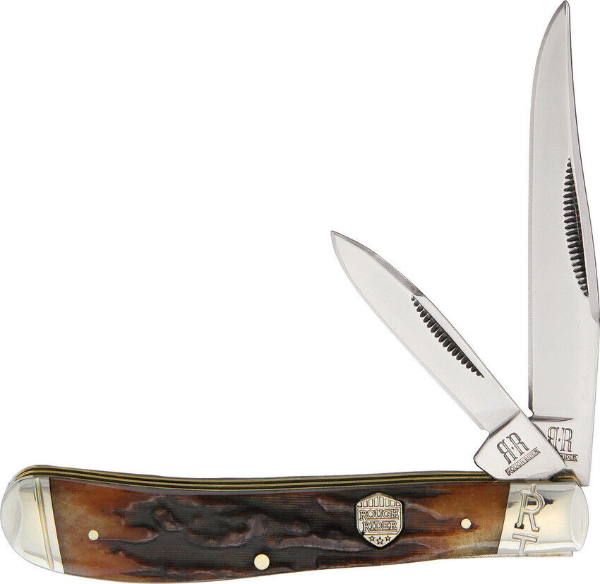 Rough Ryder Trapper Brown Stag Bone Stainless Folding Knife 1848