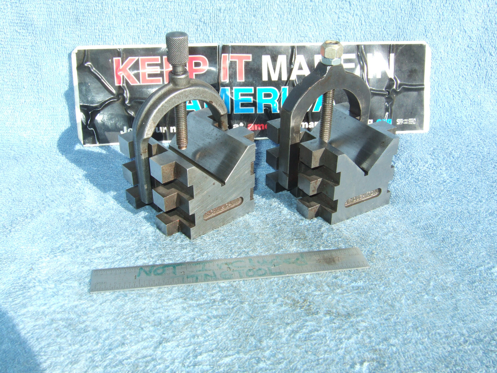 V BLOCKS (2) W/CLAMPS USED TOOLMAKER MACHINIST MADE CLEAN VINTAGE OLD TOOLING 2G