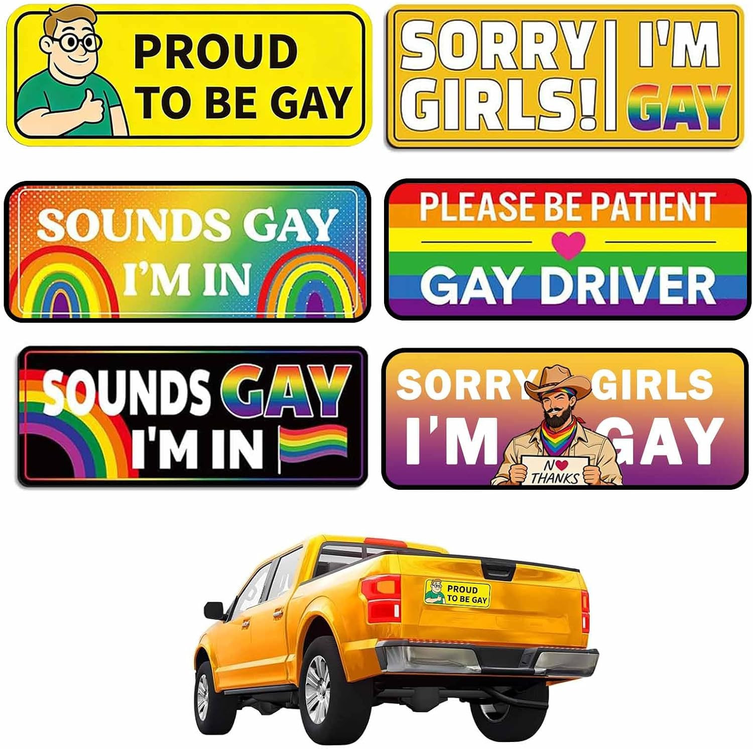 6PCS Gay Pride Funny Magnet Bumper Sticker, LGBTQ Rainbow Car Decals Prank Car