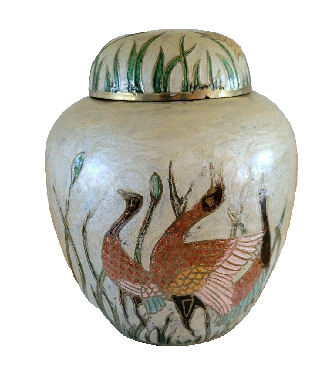 Nora Fenton Design Heavy Brass Hand Painted Crane Vase Urn Collectable Beautiful