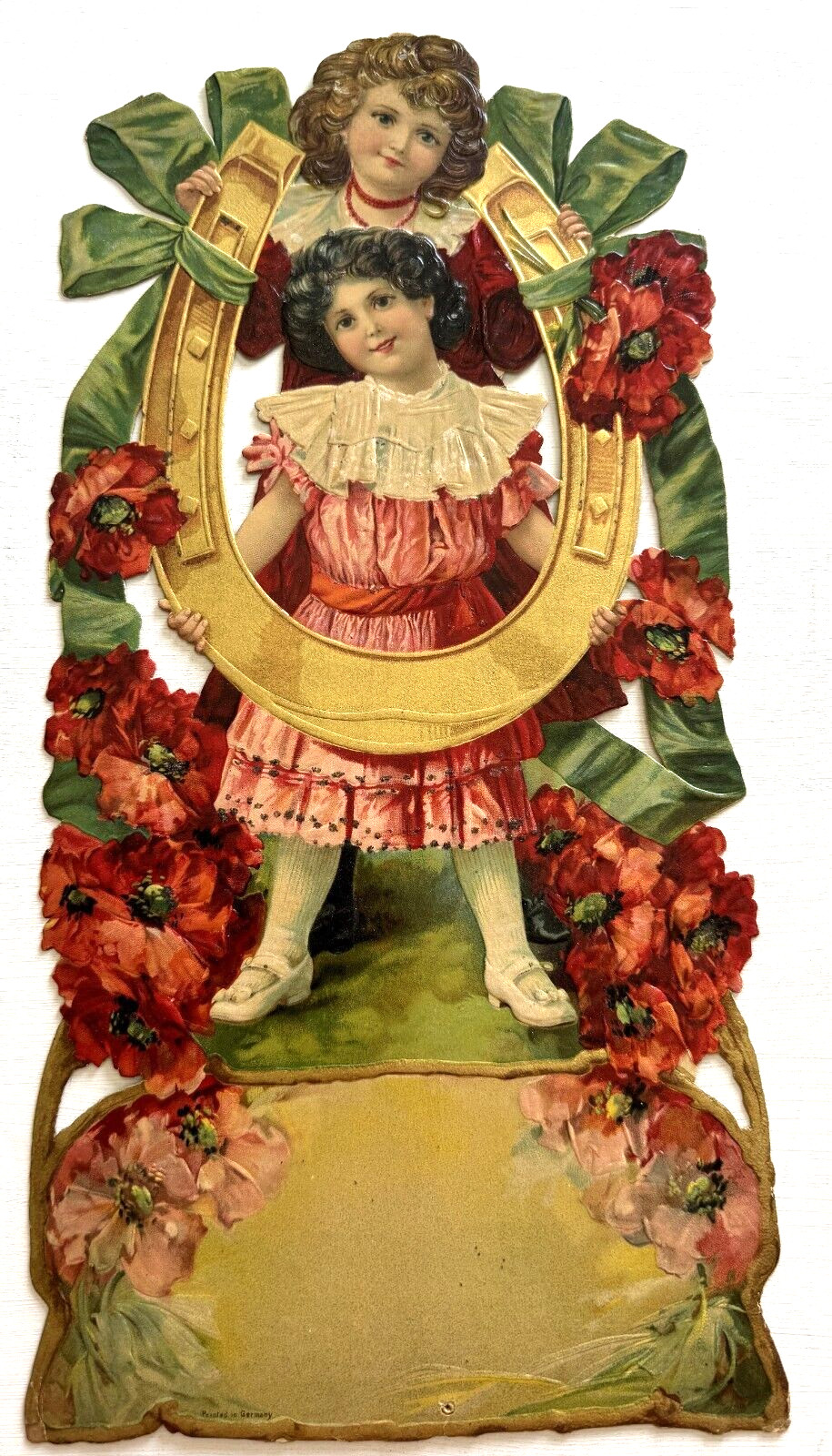 Beautiful Large 1910\'s Die Cut w/ Girl Holding Lucky Horseshoe Beautiful Large 1910\'s Die Cut w/ Girl Holding Lucky Horseshoe