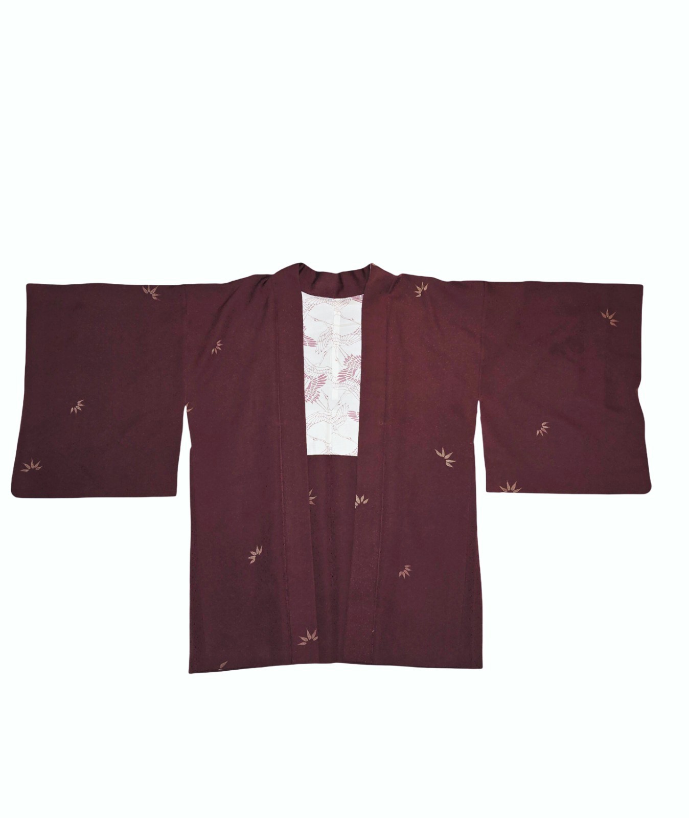 Vintage Japanese Burgundy Haori Kimono Jacket Bamboo Leaf Crane Lining One Size