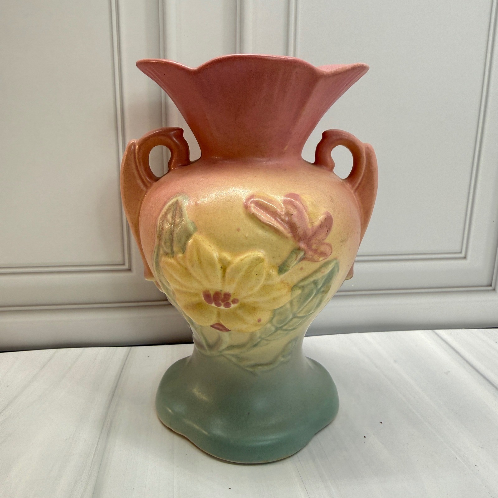Vintage Hull Pottery Magnolia Vase H-4-6 1/2 Matte Pink Yellow Floral Handles