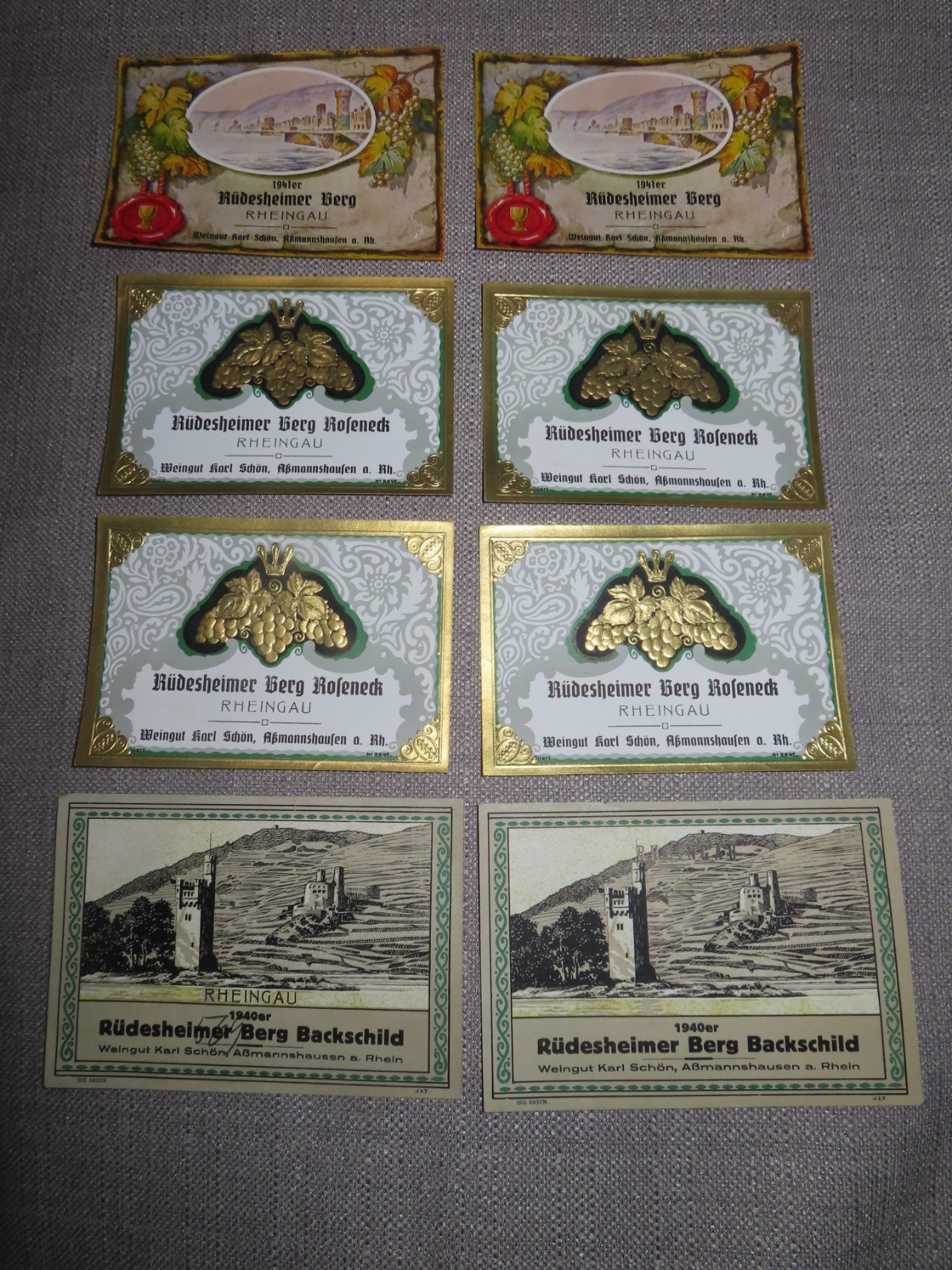 Vintage New Lot of 8 Wine Labels Rudesheimer Berg 1940s Rheingau Region Germany