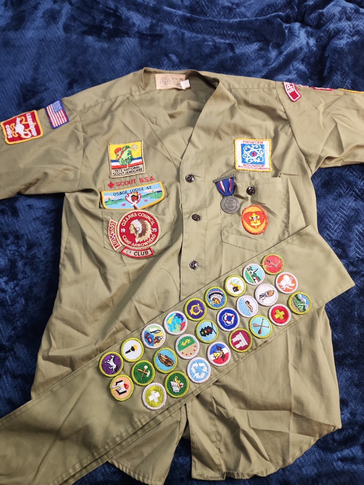 Vintage 1970s Boy Scout Shirt & Loaded Merit Badge Sash Ozarks Council Osage 42 Vintage 1970s Boy Scout Shirt & Loaded Merit Badge Sash Ozarks Council Osage 42