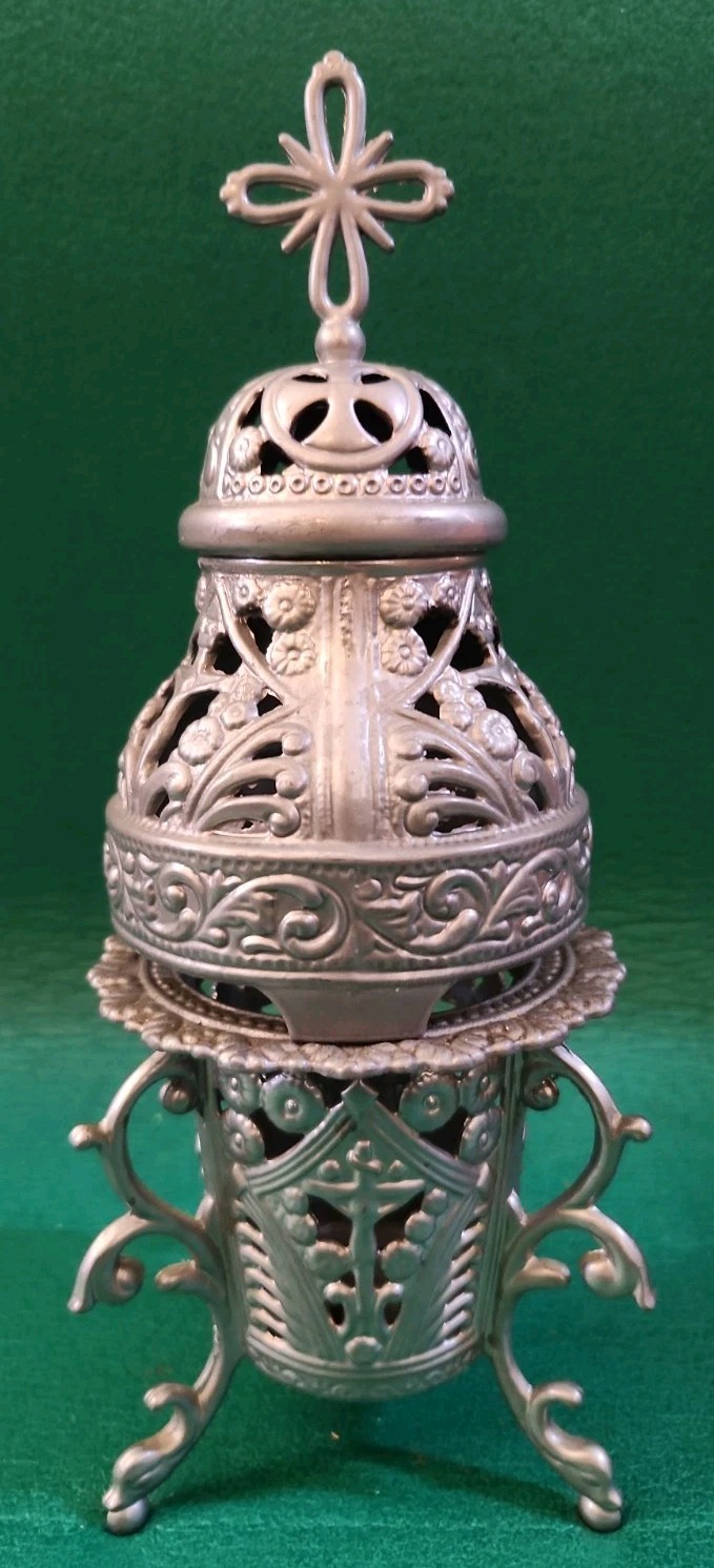 Vtg Orthodox Metal Incense Burner Censer, Tabletop Thurible with Crucifix Jesus