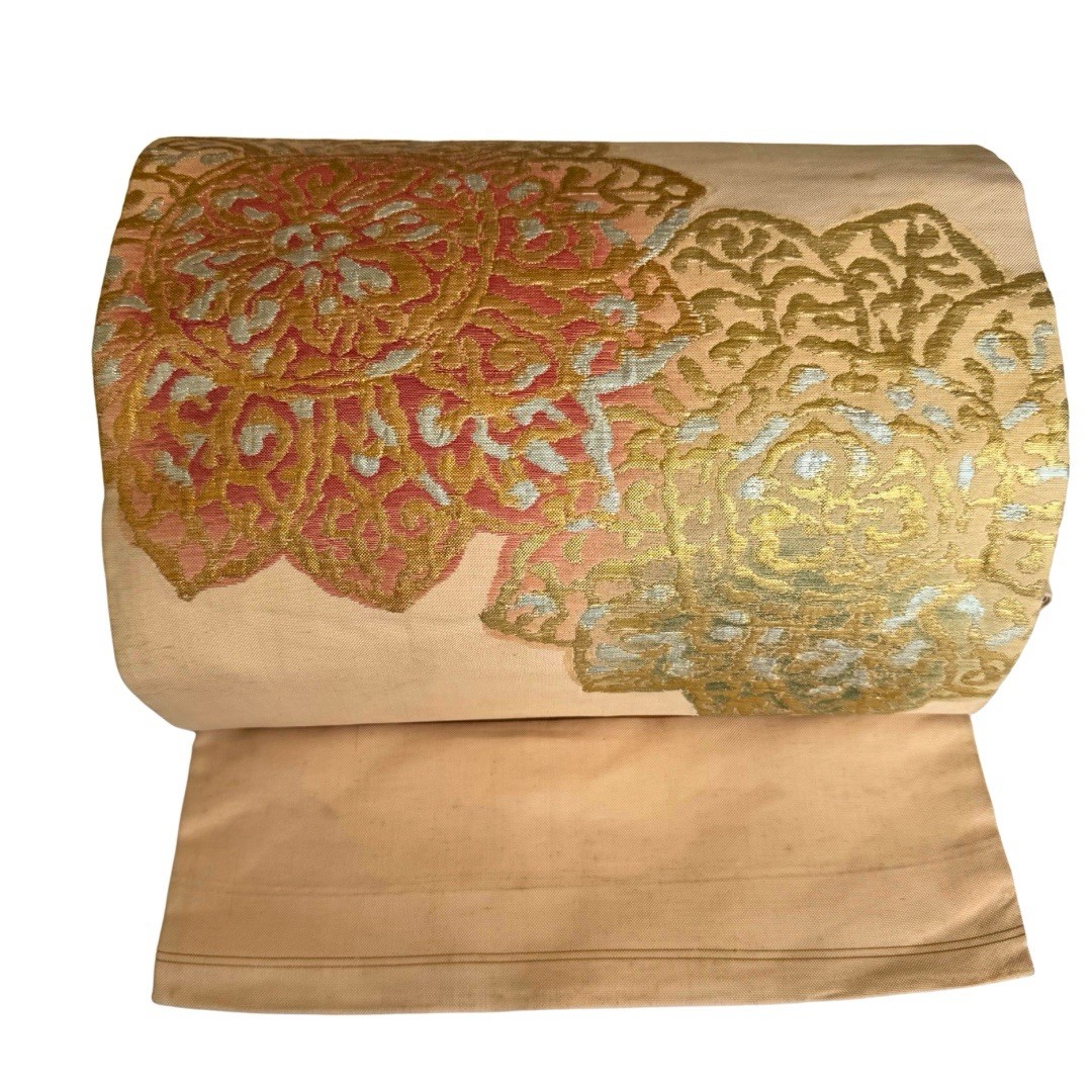 Vintage Japanese Silk Nagoya Obi Belt – Pale Gold & Red Lotus Motif –  Deco