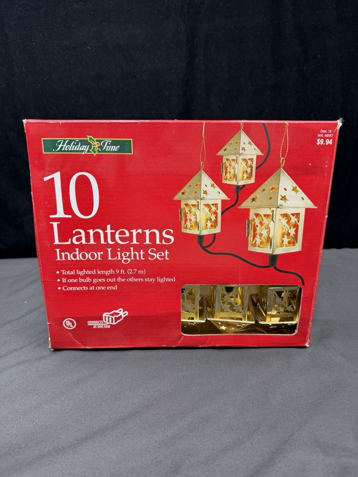 Vtg 90s HOLIDAY TIME 10 Gold Tone Christmas Lantern String Lights Indoor, Boxed