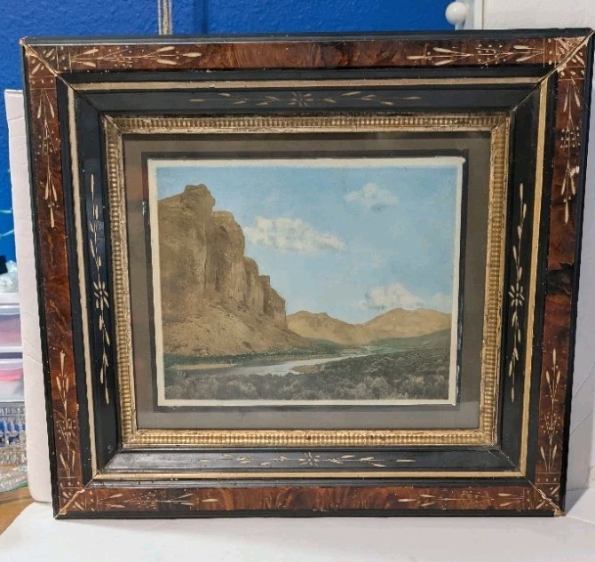 Antique Victorian Eastlake Deep Well Picture Frame Faux Tortoise Burl Ebonized