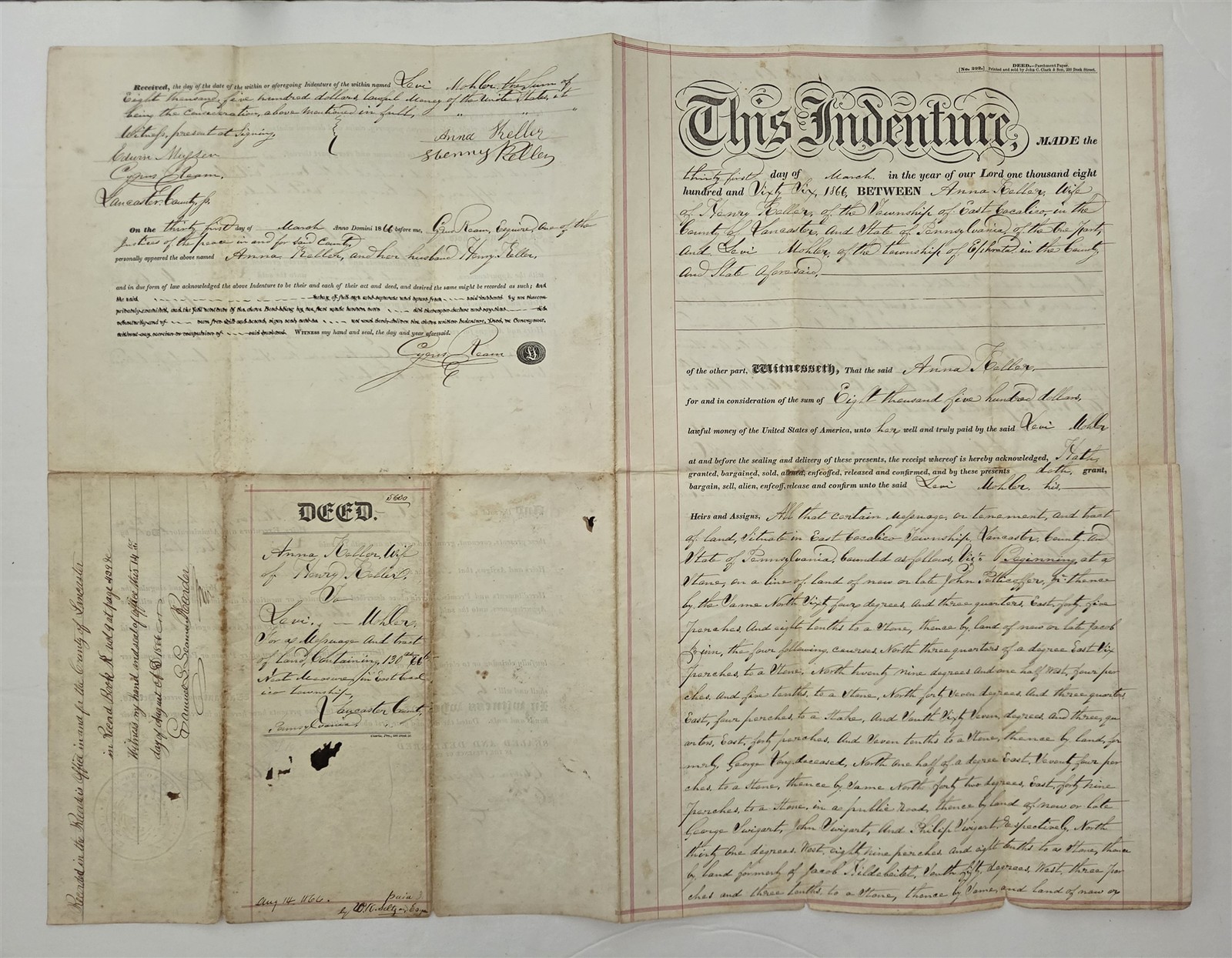 1866 antique LAND DEED east cocalico pa KELLER to MOHLER ephrata revenue stamps