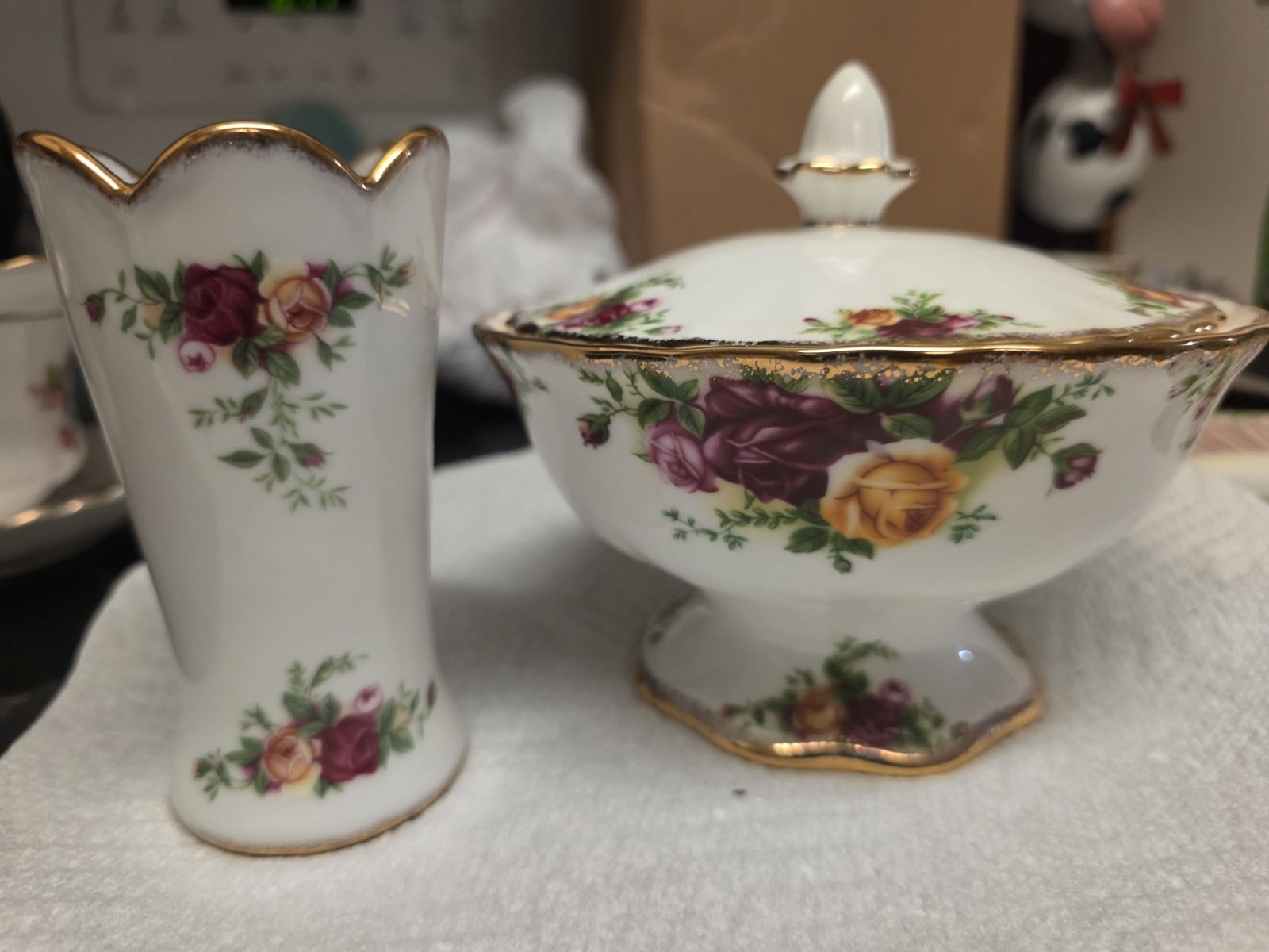 Royal Albert Old County Rose Sugar Bowl/candy Dish And Vase