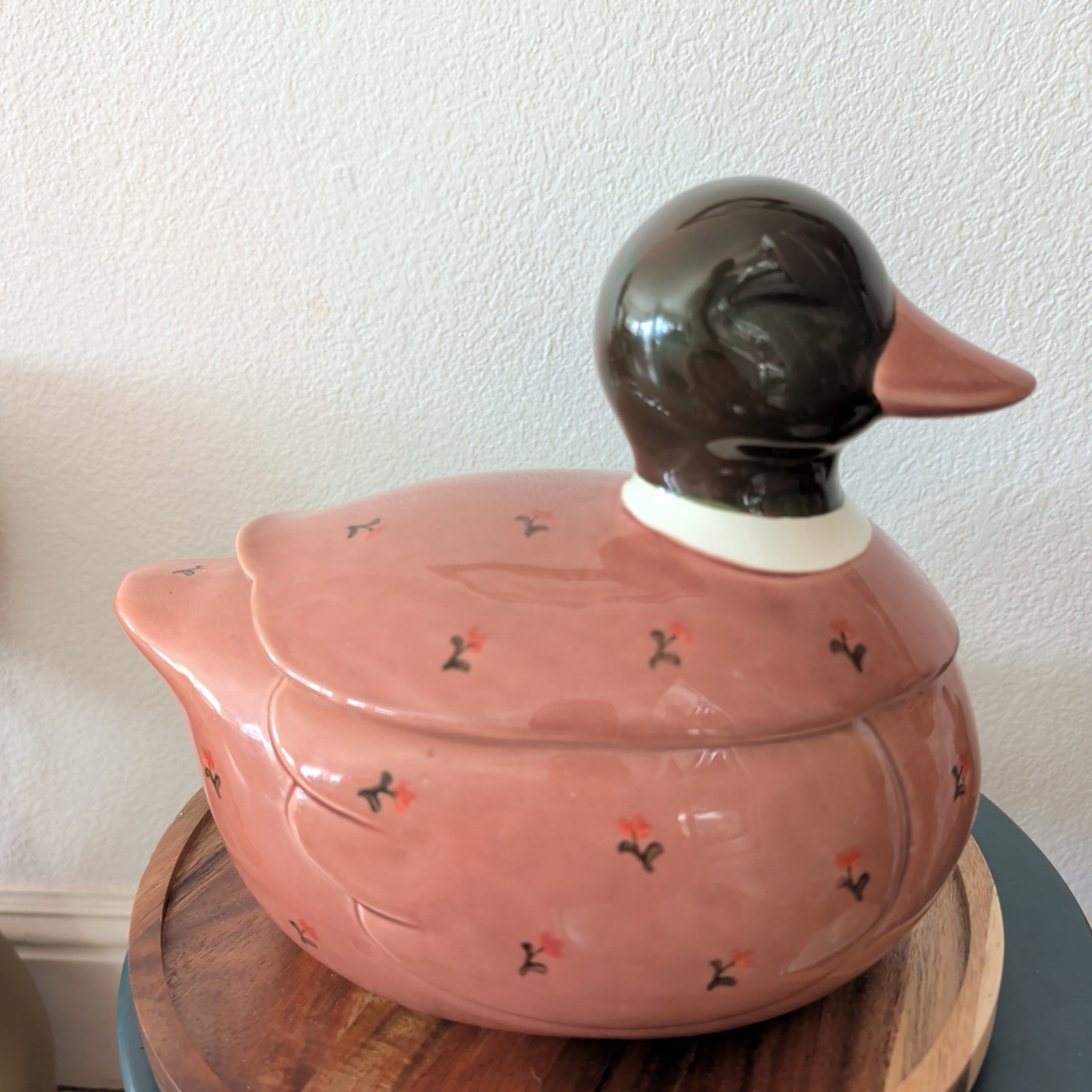 VTG Otagiri Japan Ceramic Duck Cookie Jar Canister Mauve Pink Floral...