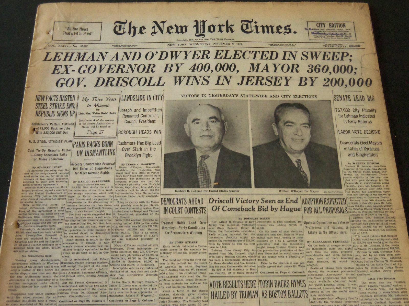 1949 NOVEMBER 9 NEW YORK TIMES - LEHMAN & O'DWYER ELECTED IN SWEEP - NT 5532 1949 NOVEMBER 9 NEW YORK TIMES - LEHMAN & O'DWYER ELECTED IN SWEEP - NT 5532