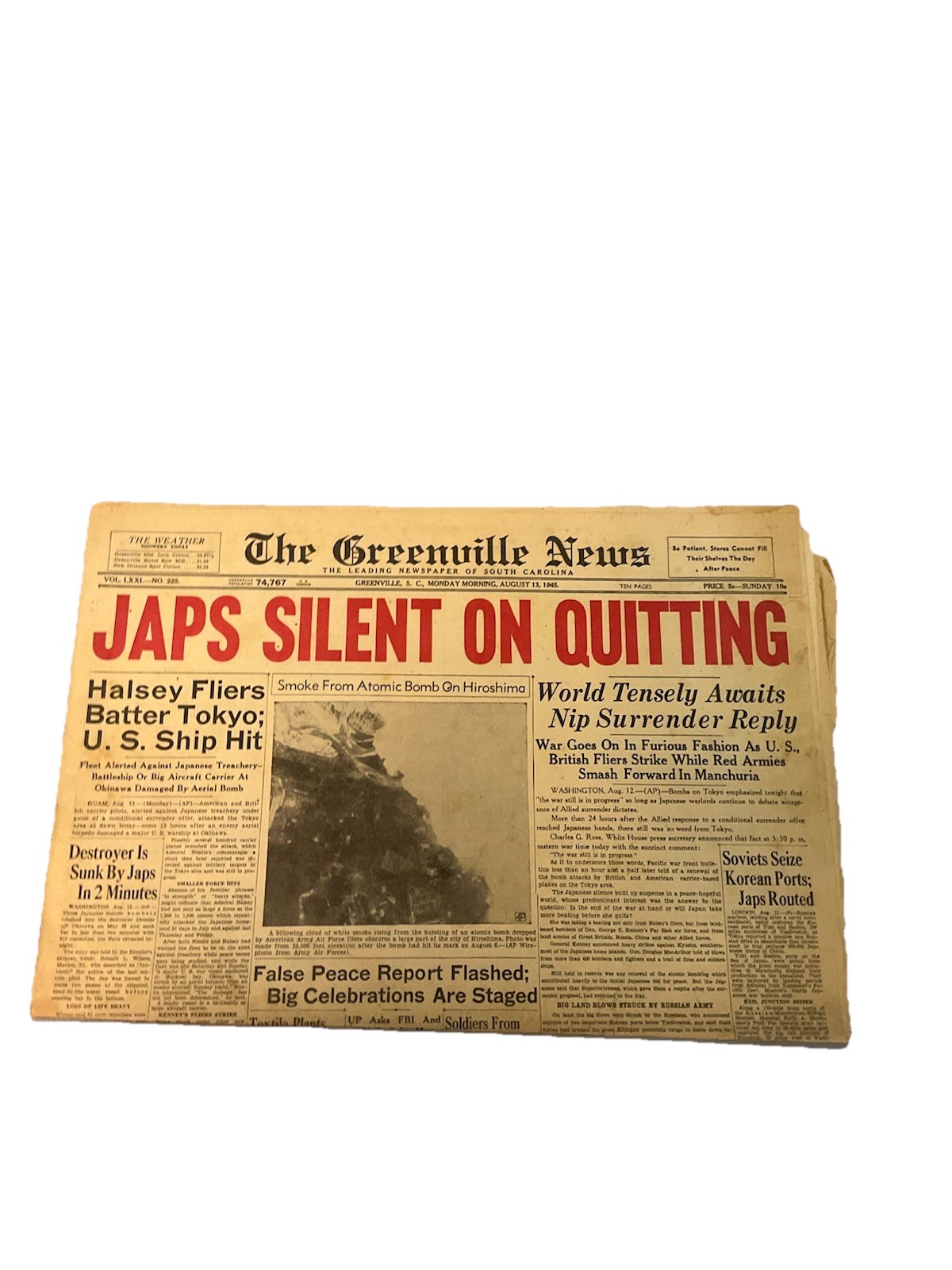 World War 2 Collectible Newspaper  “Hitler Japan Surrenders” 1945 Complete