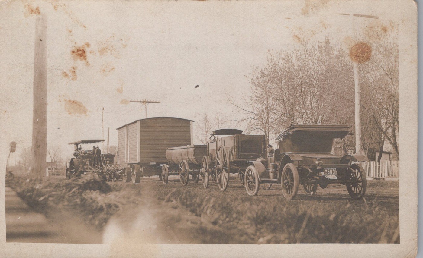 Steam Traction Engine Threshing Crew Brass Era Car 1910s - RPPC Photo Postcard