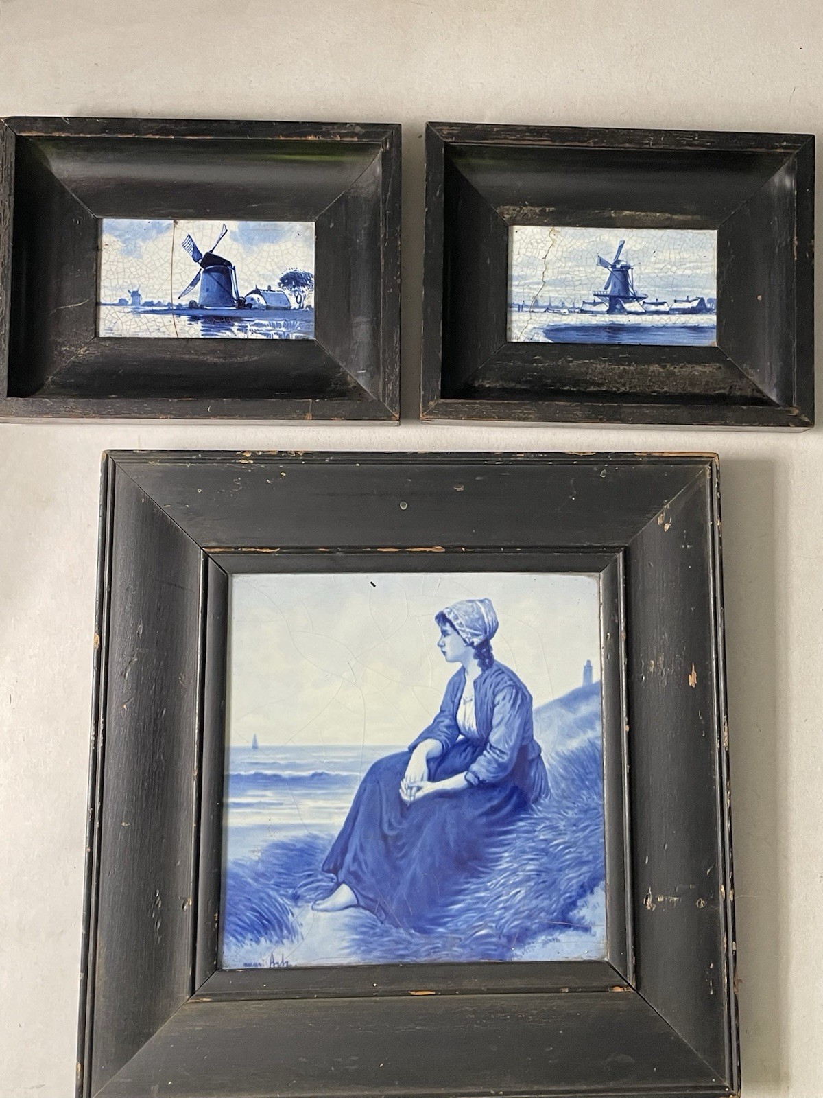 Antique Dutch Delft Blue and White Pottery Tile Framed Lot Of 3