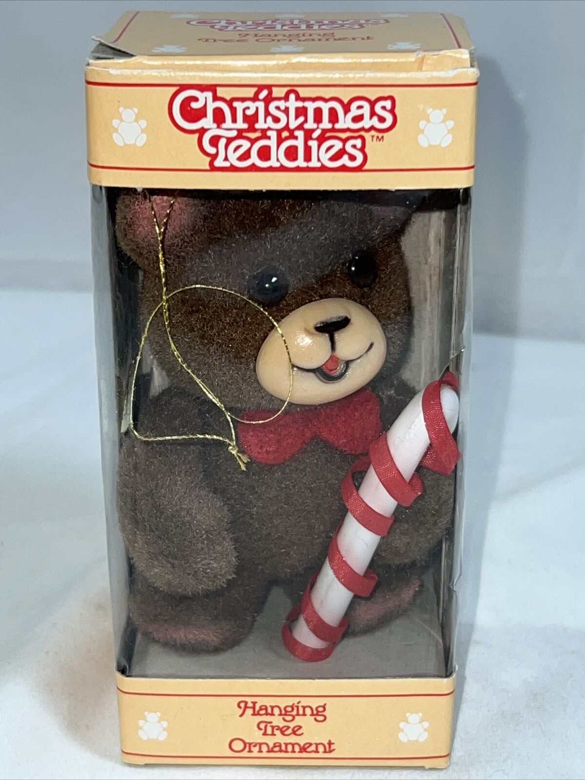 Vintage Jasco Christmas Mini Bear Ornament Fuzzy Figure Glass Eyes 4 inch Box