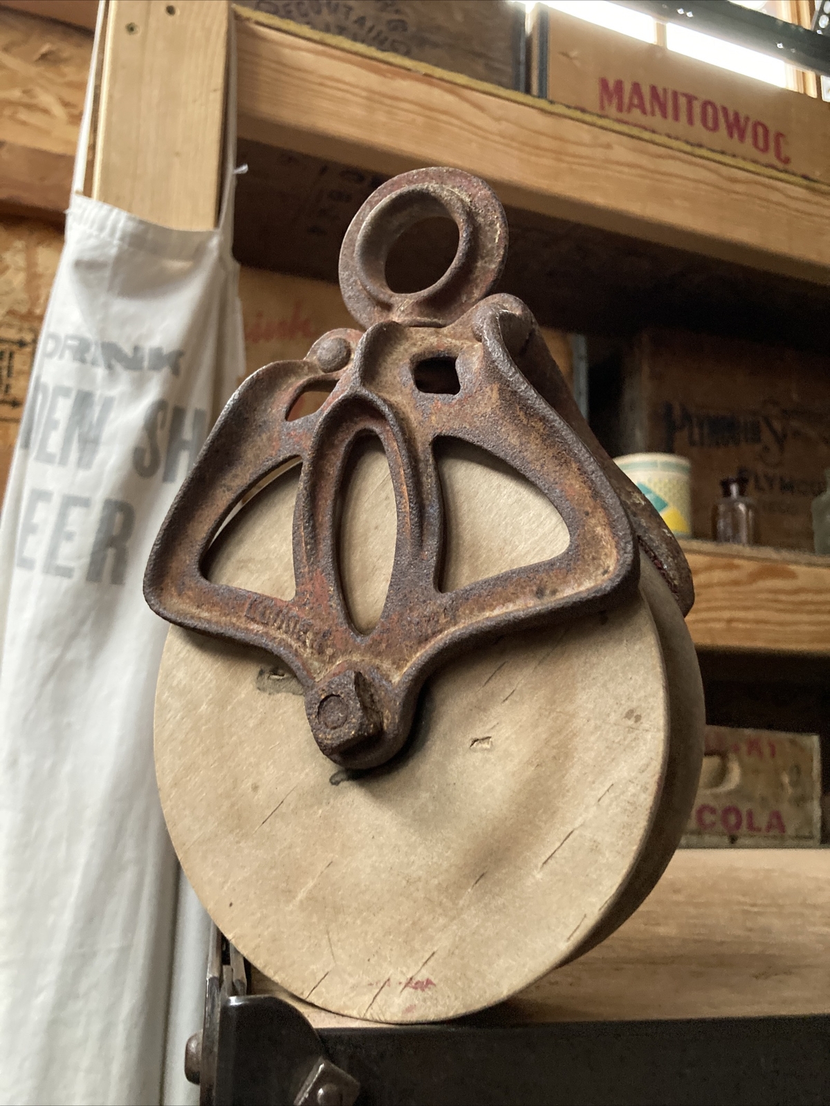 ￼ Antique Louden Cast Iron Wood Barn Pulley Block Tackle Vintage Metal Farm Tool