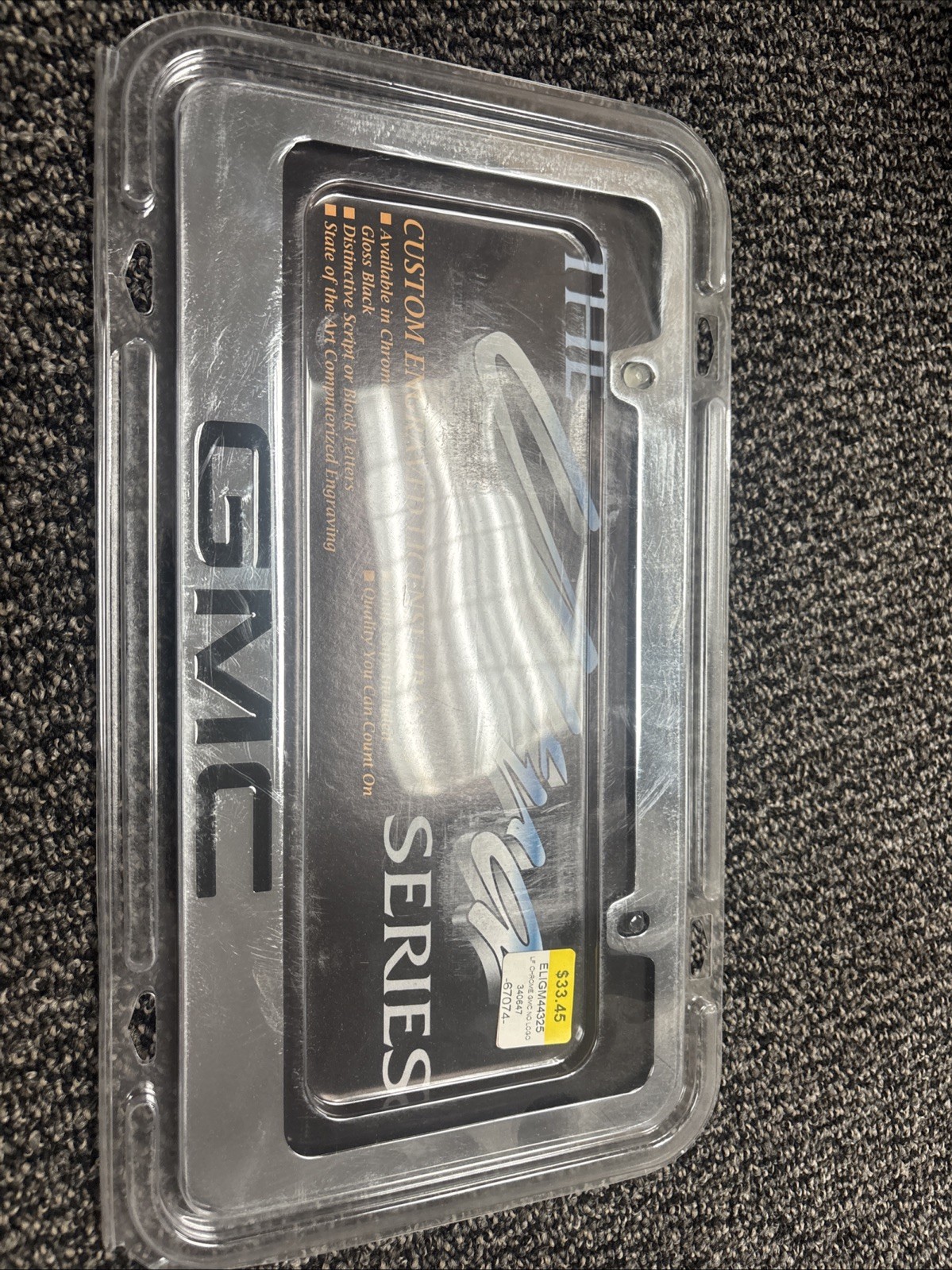 GMC Denali New Black Metal w/Gold Etched Letters License Plate Frame Caps Screws GMC Denali New Black Metal w/Gold Etched Letters License Plate Frame Caps Screws