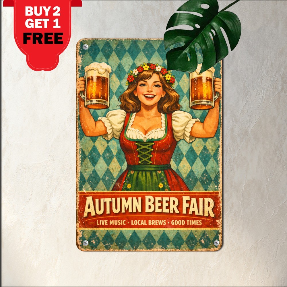 Oktoberfest Bavarian Dirndl Girl Beer Sign Classic Tavern Metal Tin Decor