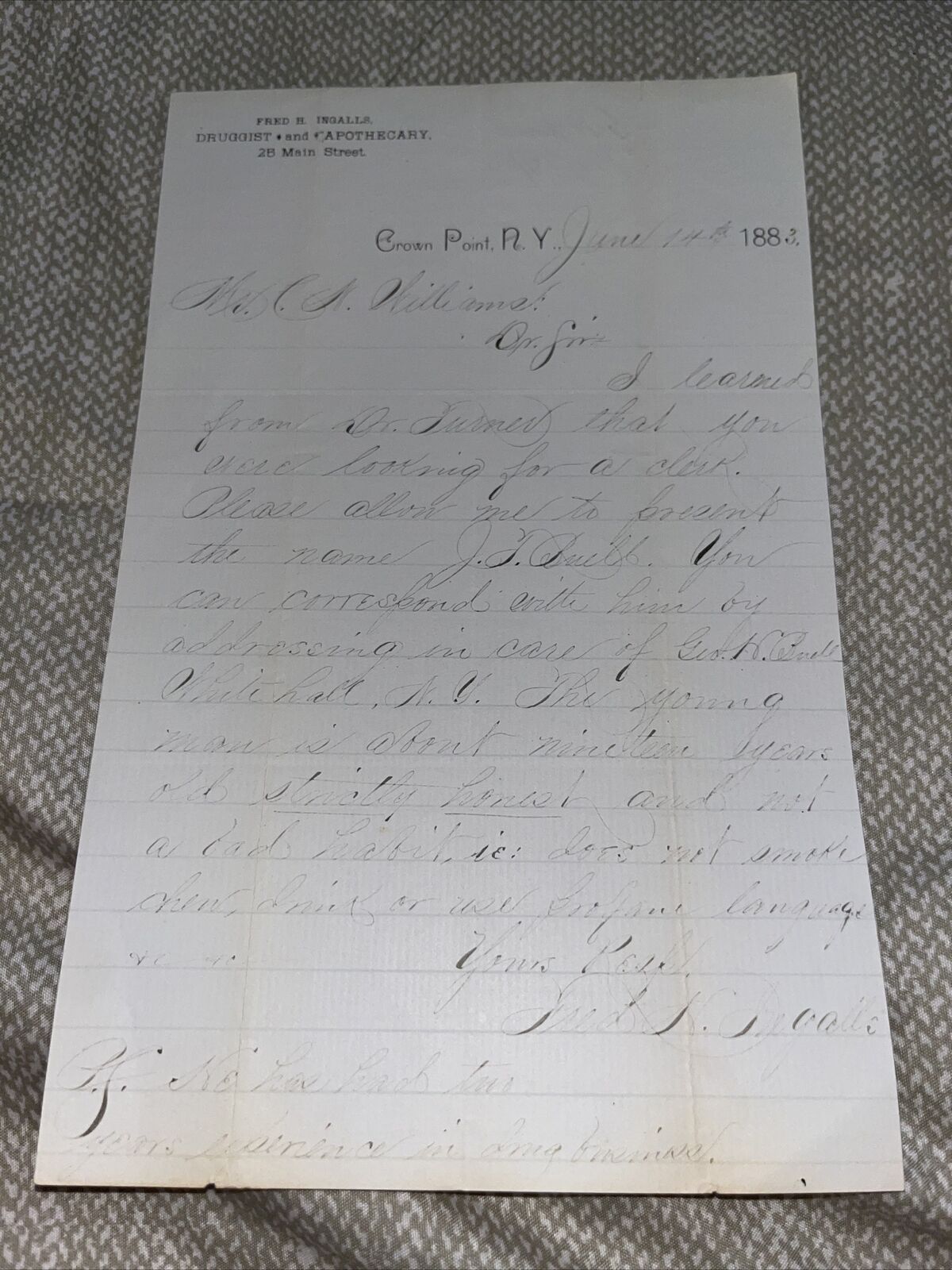 Antique 1883 Correspondence Ingalls Druggist Apothecary Crown Point New York NY