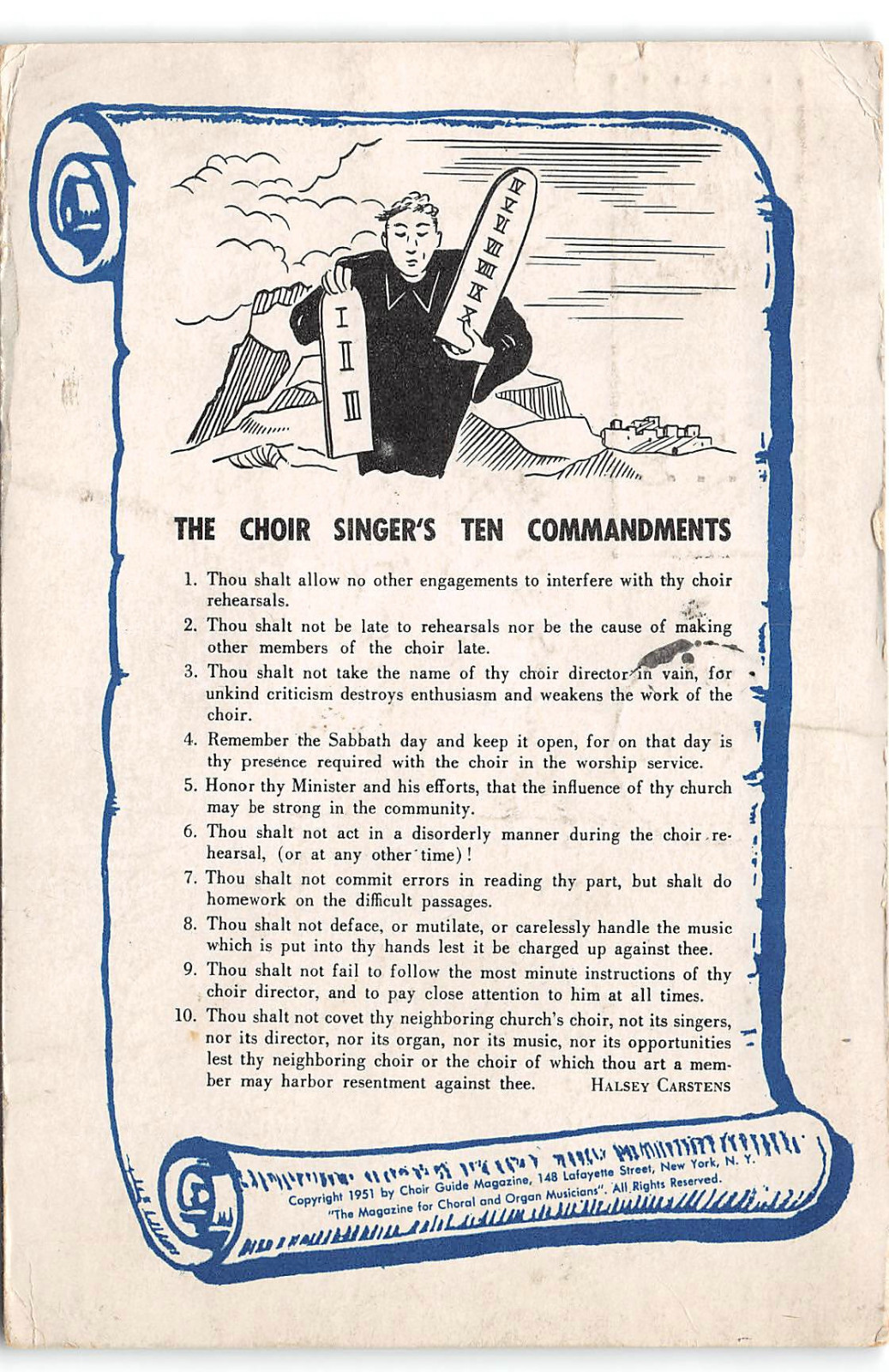 The Choir Singer\'s Ten Commandments-Church-Religion-Vintage Postcard
