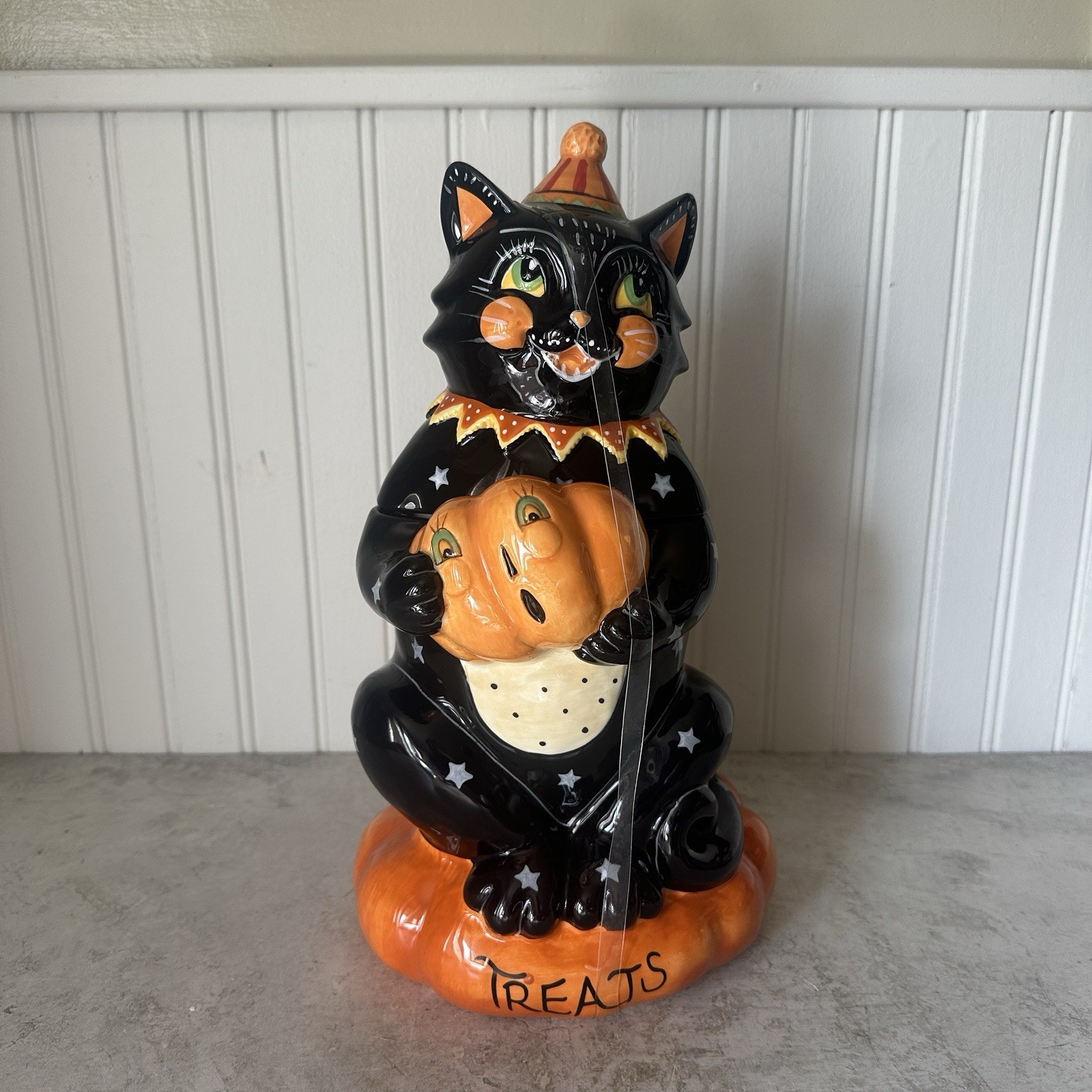 Blue Sky Halloween Black Cat Treat Canister Cookie Jar  Pumpkin Ceramic 13”