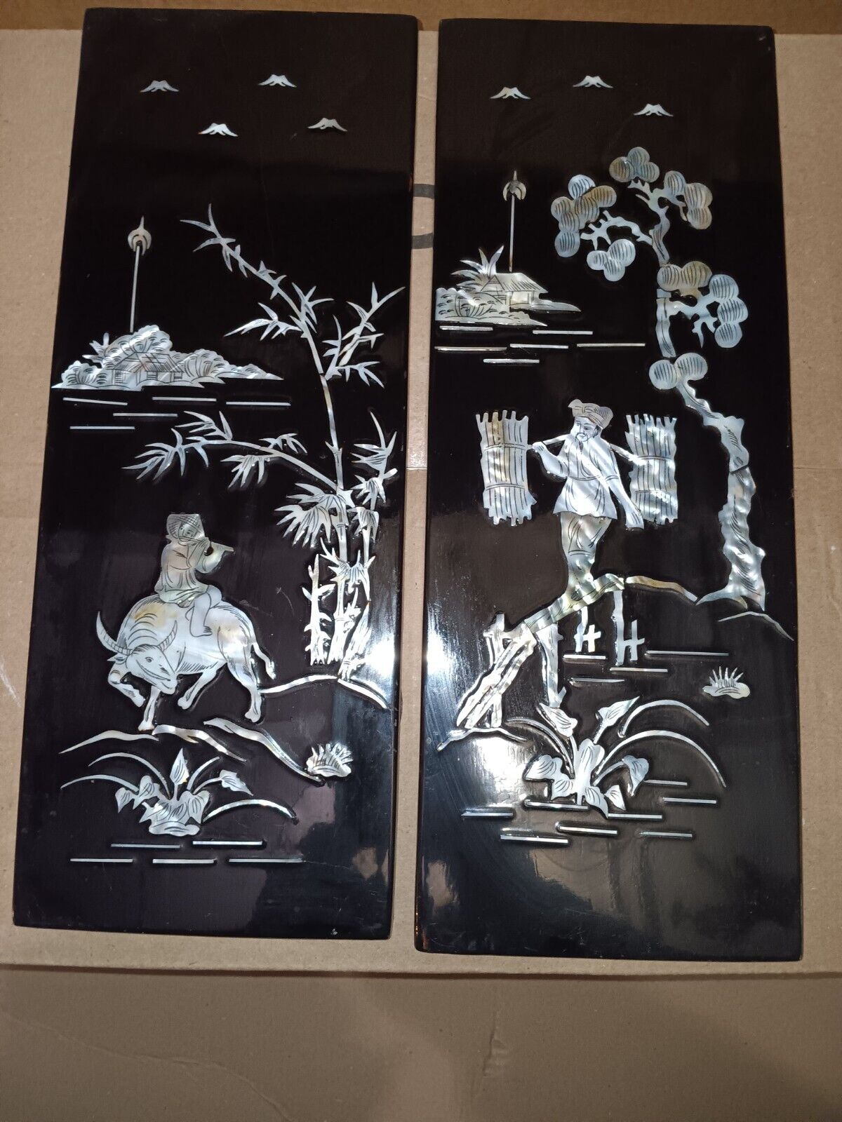 Vintage Oriental Mother of Pearl Black Lacquer Asian Wall Art Plaque Panels