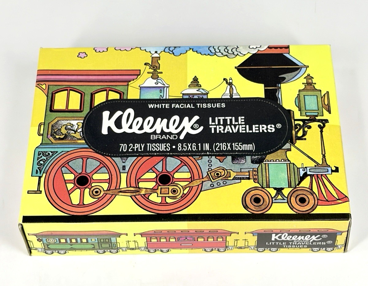 Vintage Kleenex Little Travelers White Facial Tissues 1970’s Trains - Sealed