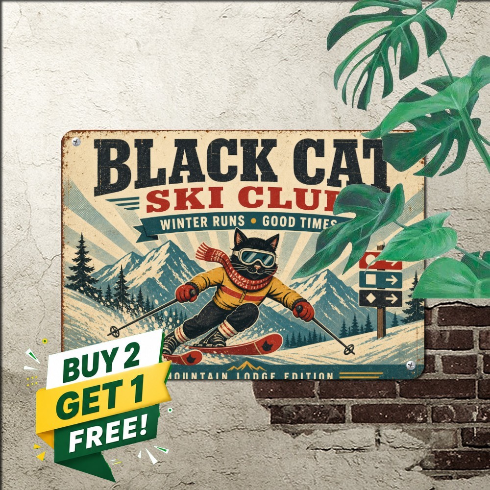 Black Cat Skiing Winter Sports Metal Sign Cute Feline Cabin Chalet Wall Plaque