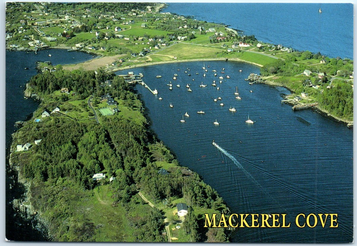 An aerial panoramic view of this picturesque cove, Mackerel Cove - Maine