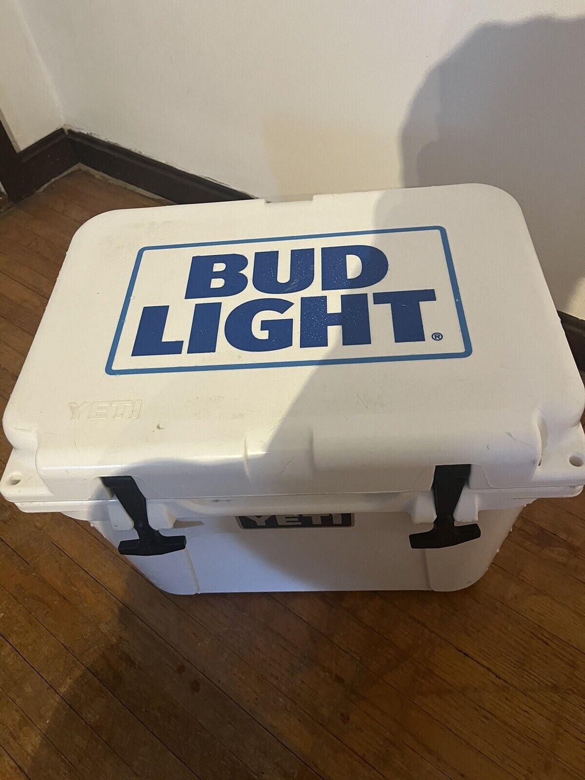 Rare 1/1 Yeti Tundra 35 Bud Light Beer Hard Cooler White Blue Letters Budweiser