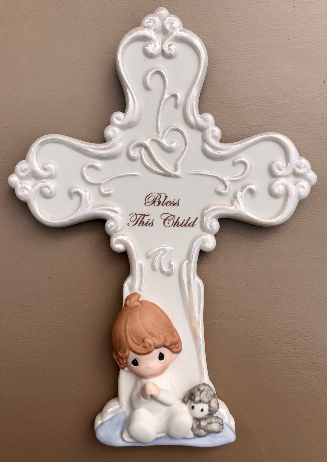 PRECIOUS MOMENTS “Bless This Child” Porcelain Bisque Cross For Boy Child 2015