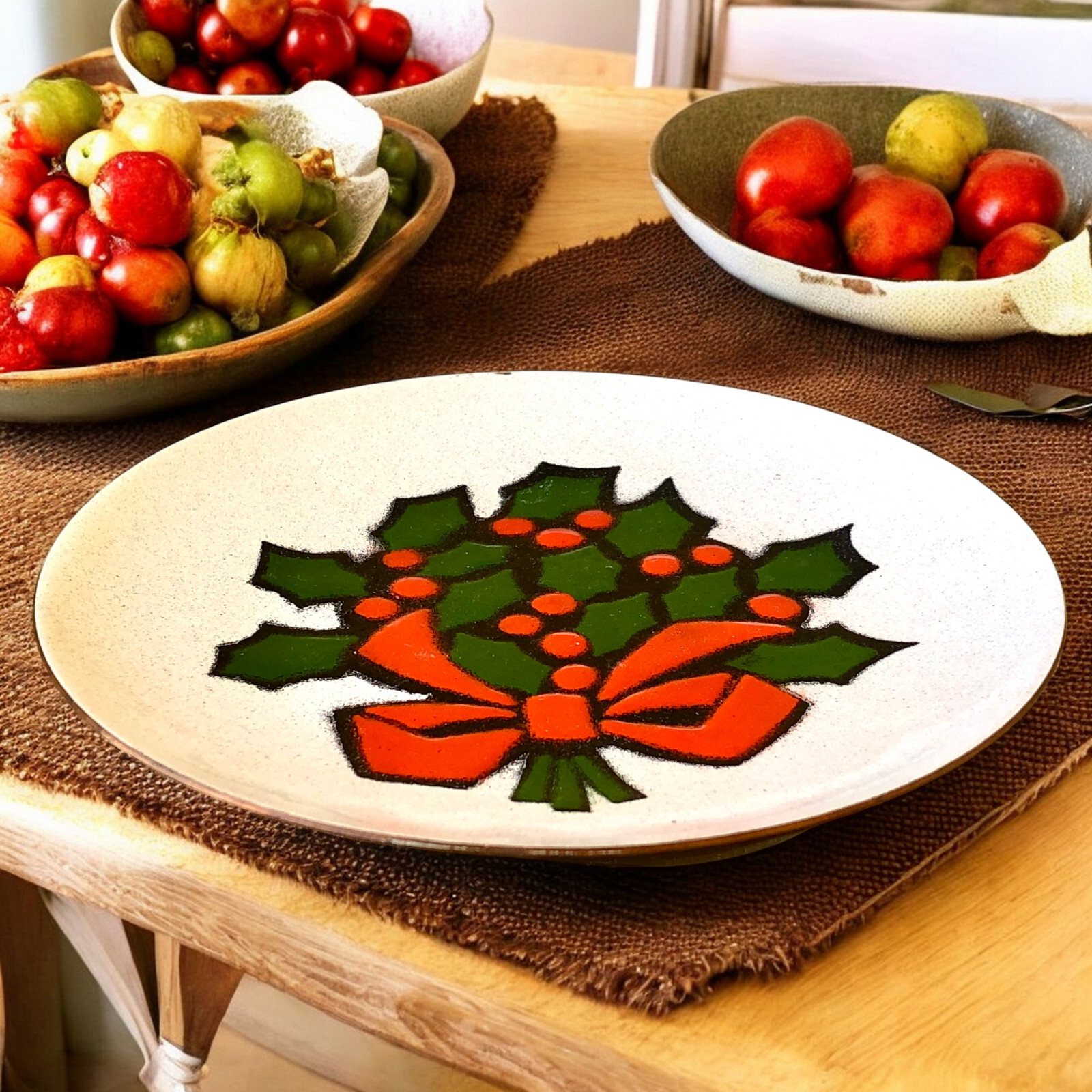 Vintage Annemarie Davidson Handcrafted Enamel Copper Plate Christmas Holly 6