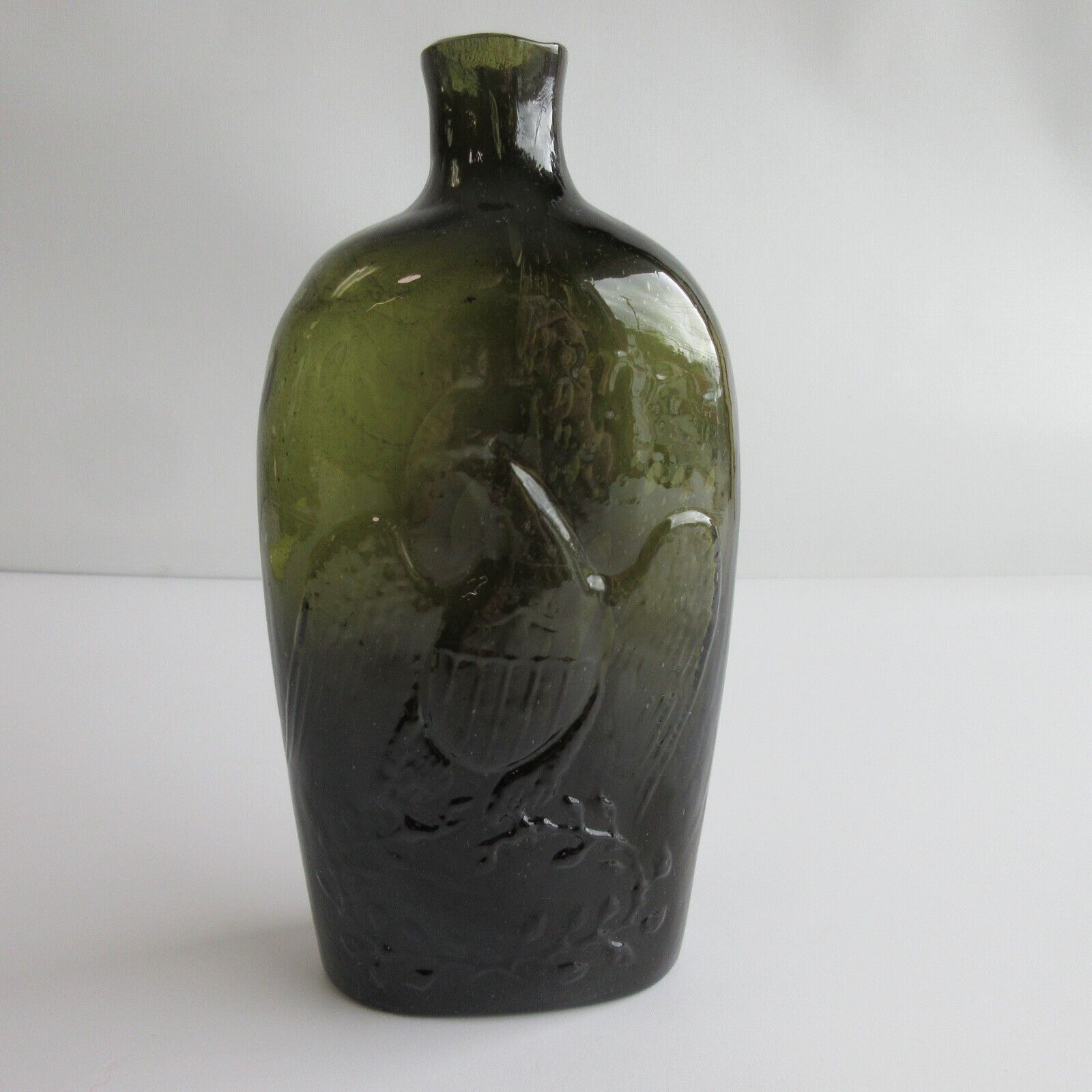 Antique Green Glass Willington CT / Eagle Historical Flask Bottle