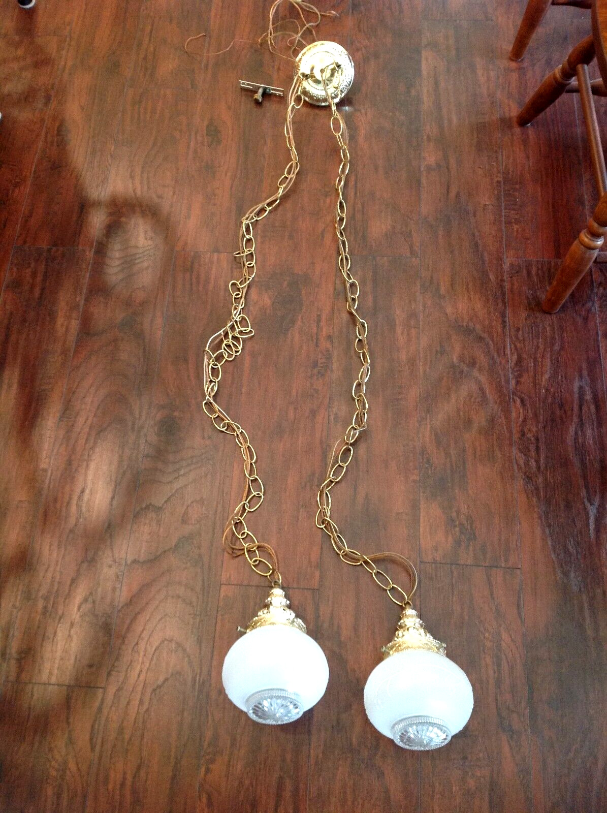 Vintage MCM 50\'s & 60\'s Double Swag Frosted Glass Light Fixtures 4ft Chains