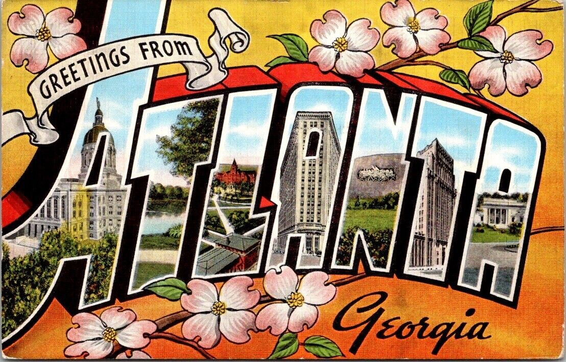 Large Letter Greetings from Atlanta Georgia GA Vintage Linen Postcard PM 1945