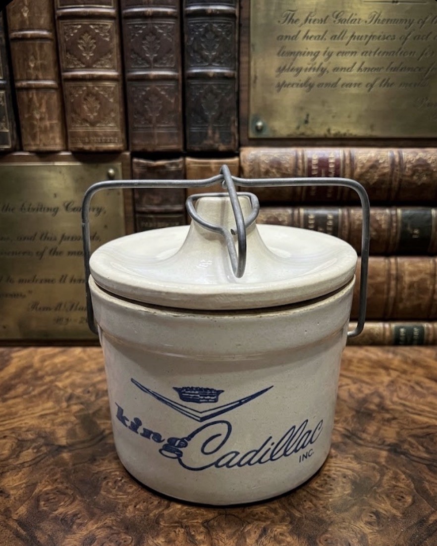 Vintage King Cadillac Inc Stoneware Crock Lid Metal Bale Handle Advertising Jar