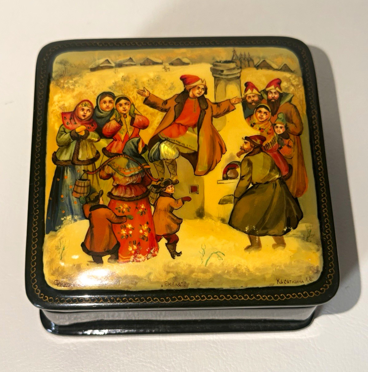 Black Lacquer Trinket Box, Painted Folk Village Scene Lid, Red Interior, Signed