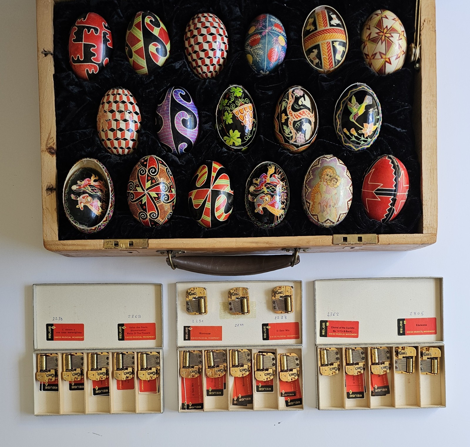 RARE Lot of Handmade Pysanka Eggs, Reuge Swiss Musical Boxes, Books, Wooden Box