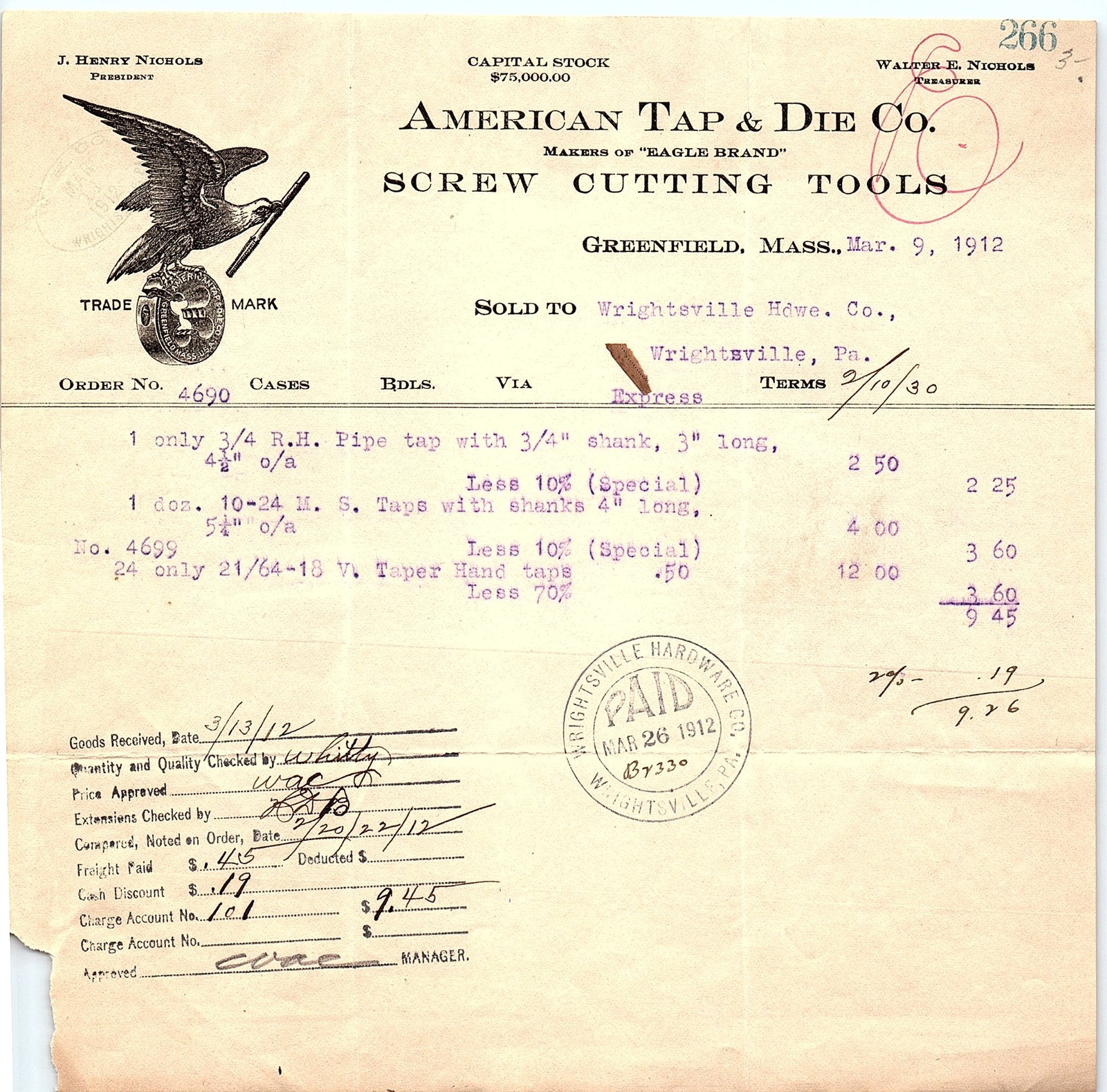 1912 American Tap & Die Co. Screw Cutting Tools billhead