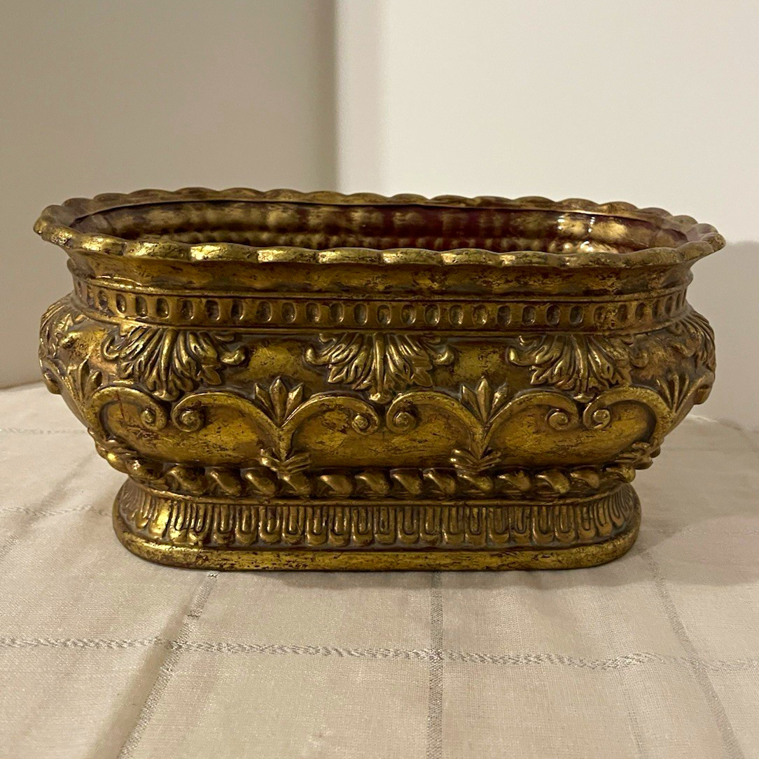 Gold Tone Ornate Floral Molded Oval Decorative Container/bowl