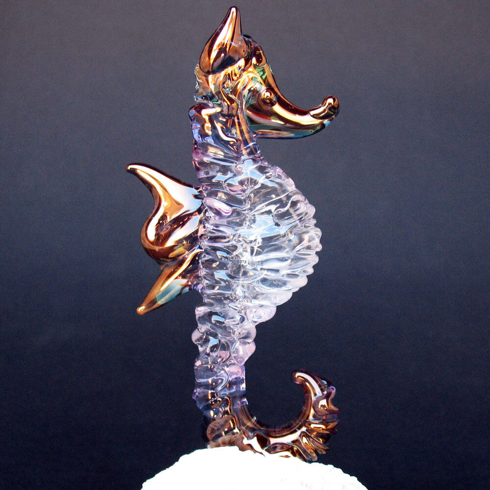 Sea Horse Seahorse Figurine Hand Blown Glass Gold Coral