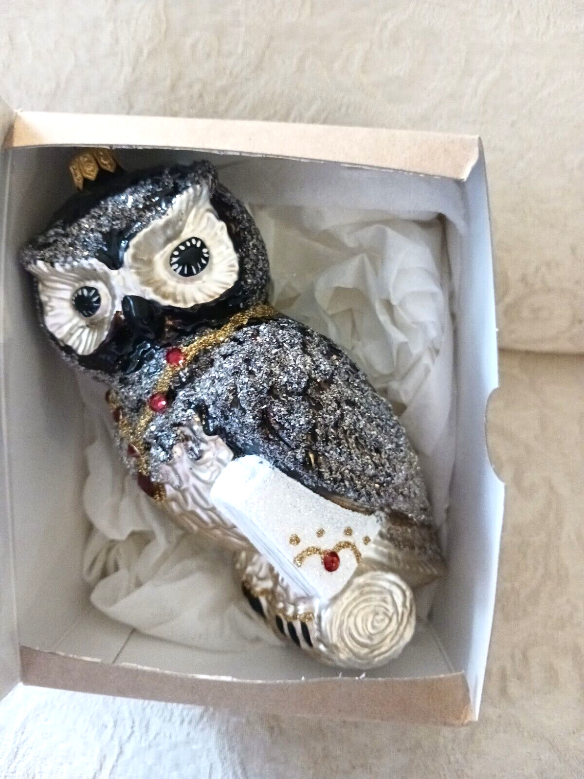 Sewerynski Hand Made Blown Glass Owl Christmas Ornament Poland w Glitter Crystal