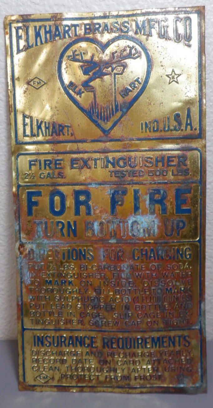 Vintage Elkhart Brass Mfg. Co. Fire Extinguisher Metal Label / Plate