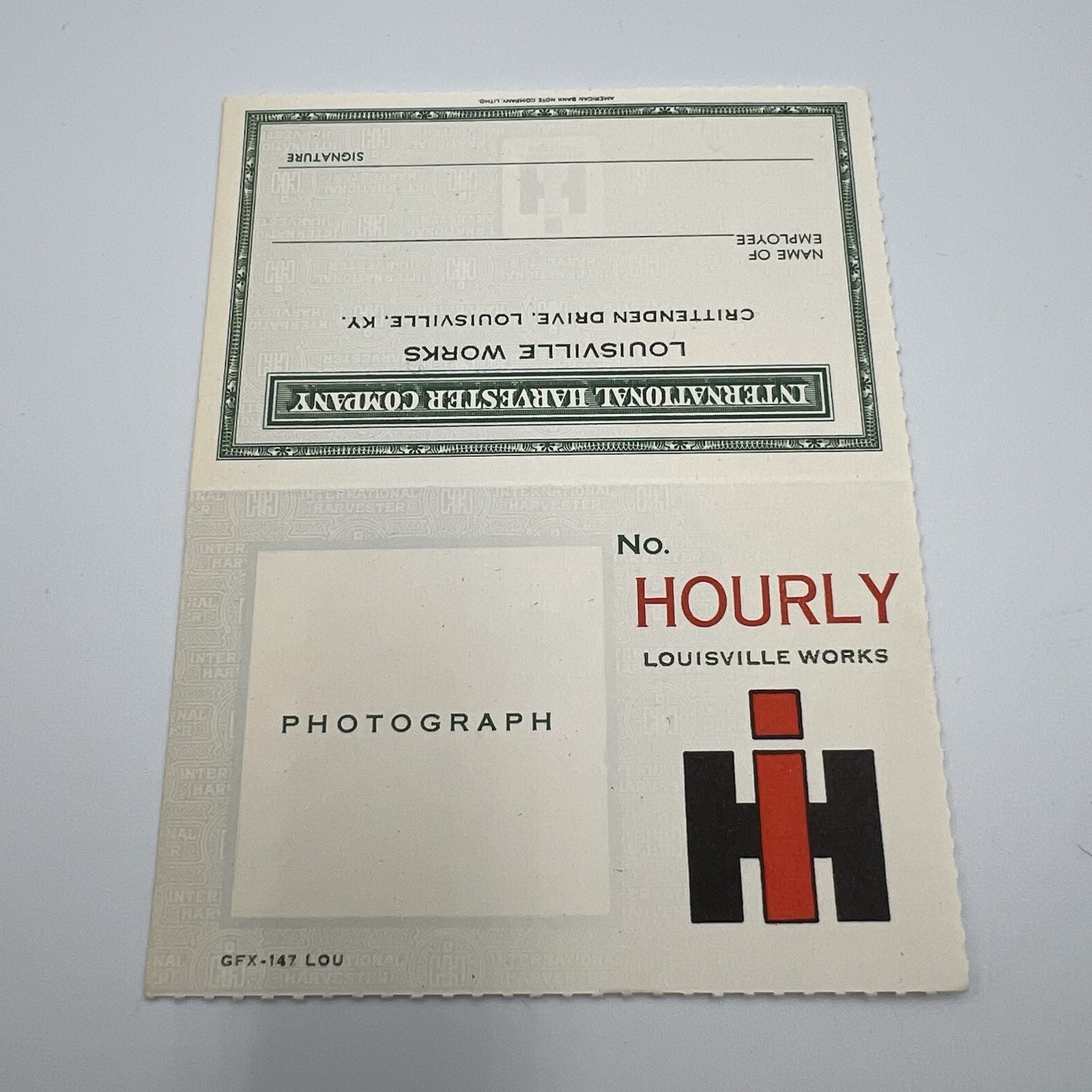 Vintage International Harvester IH Louisville Works Ky Plant Pass Card Hourly