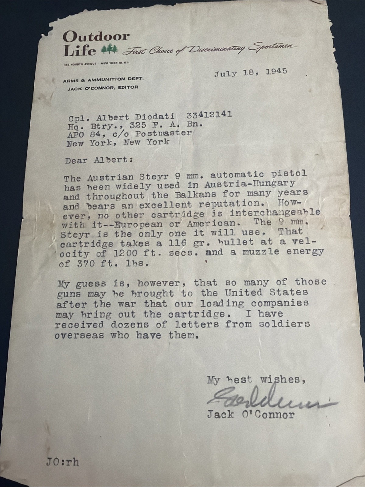 1945 Jack O Connor Signed Outdoor Life Letter WWII Austrian Steyr 9mm Pistol