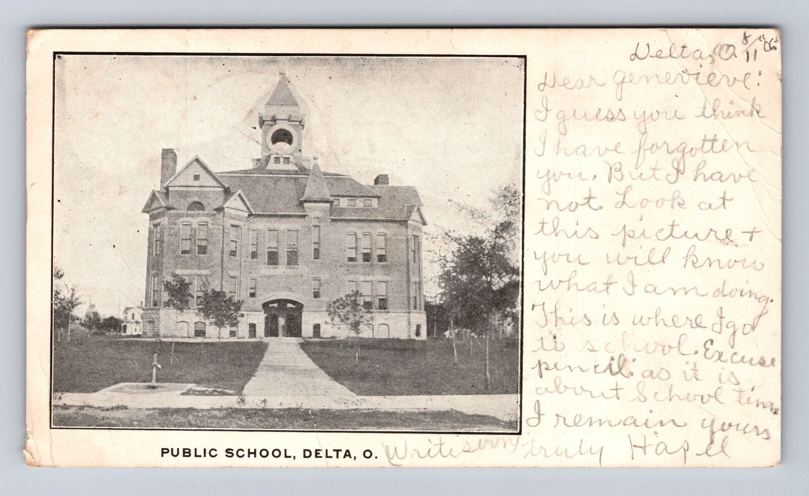 Delta OH-Ohio, Public School Building, Antique Vintage c1906 Souvenir Postcard