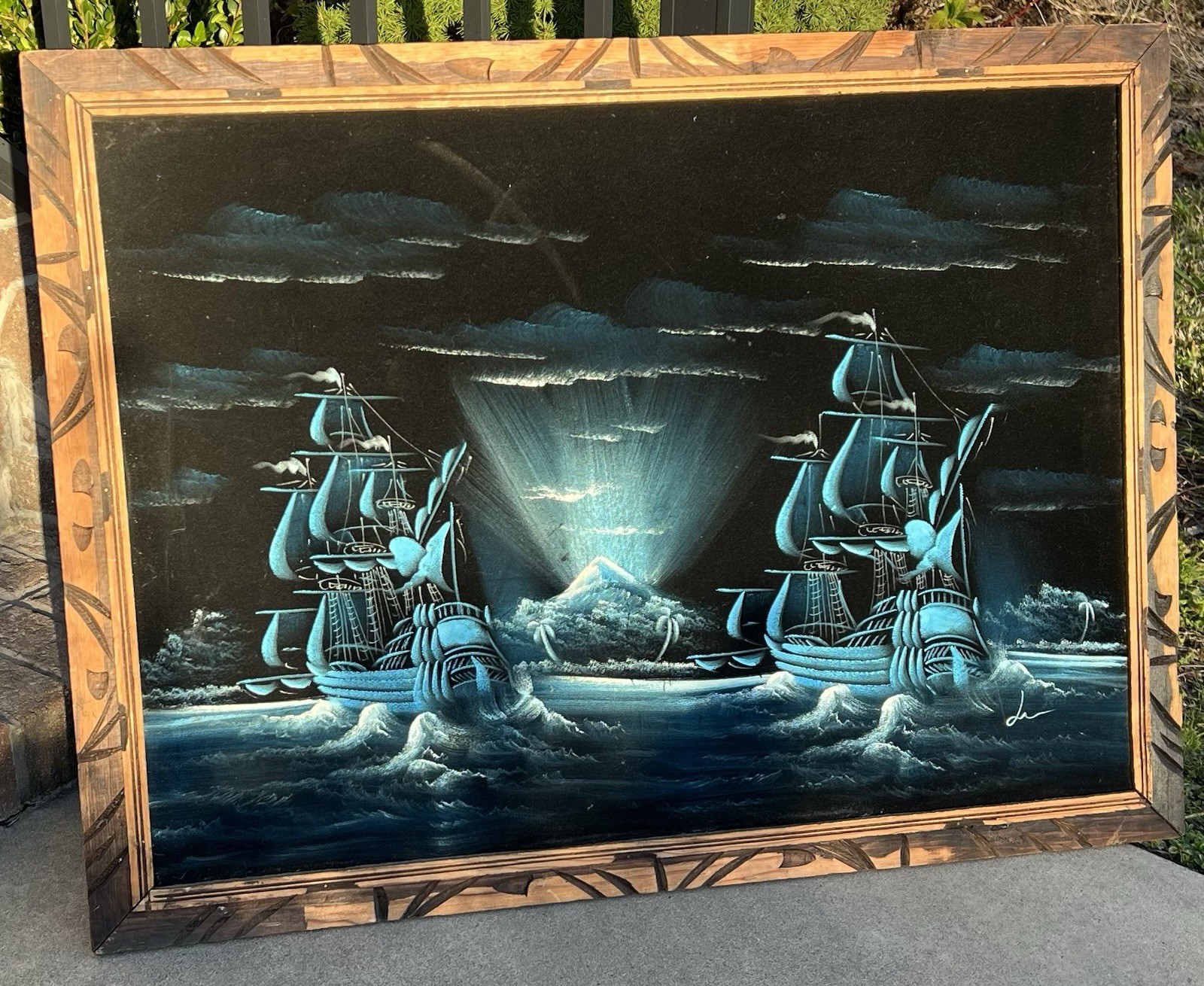 Vtg Black Velvet Felt Painting Large Pirate Ship Scene MCM Signed 38
