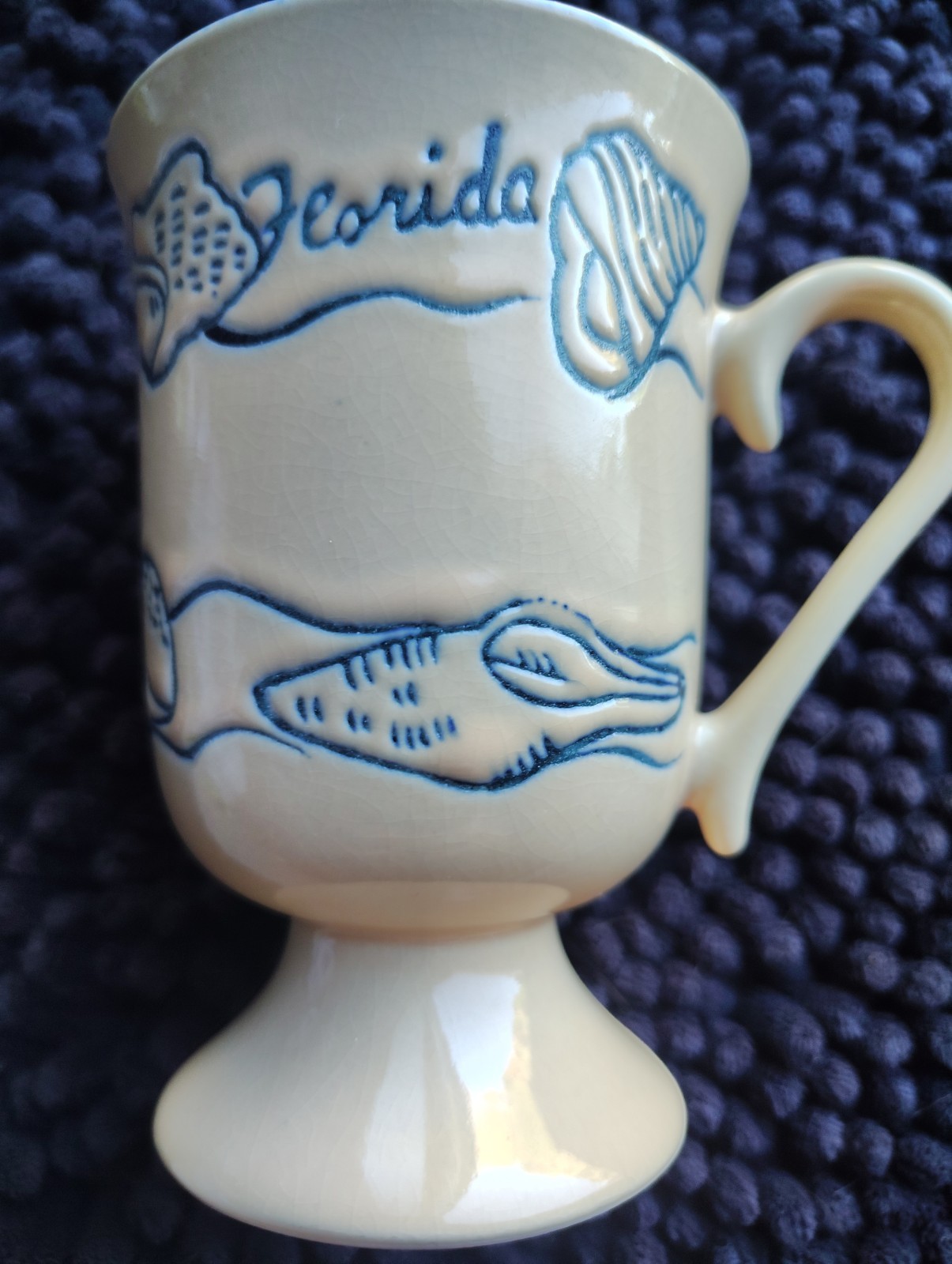 Vintage 1970\'s Handmade Flordia Pedastal Mug Hand Painted Stoneware No Chip